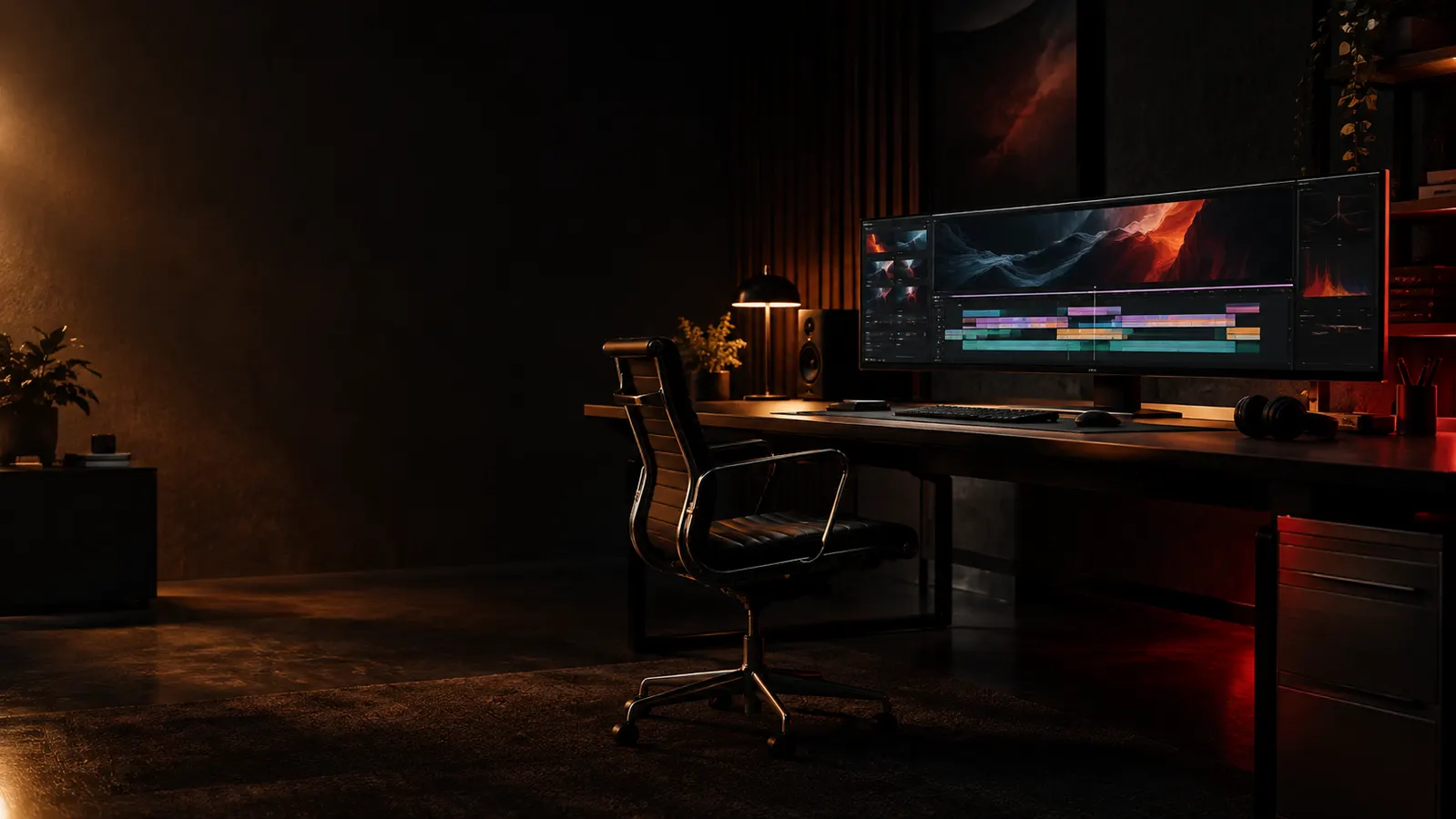 Estudio oscuro de edición con una línea de tiempo de vídeo en pantalla