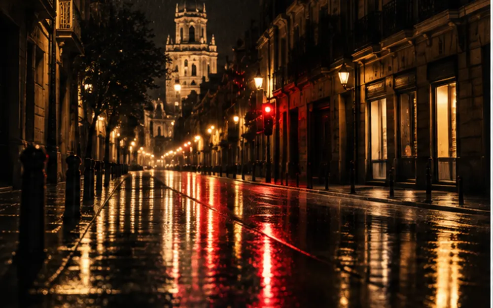 Calle urbana nocturna bajo la lluvia, imagen de muestra documental