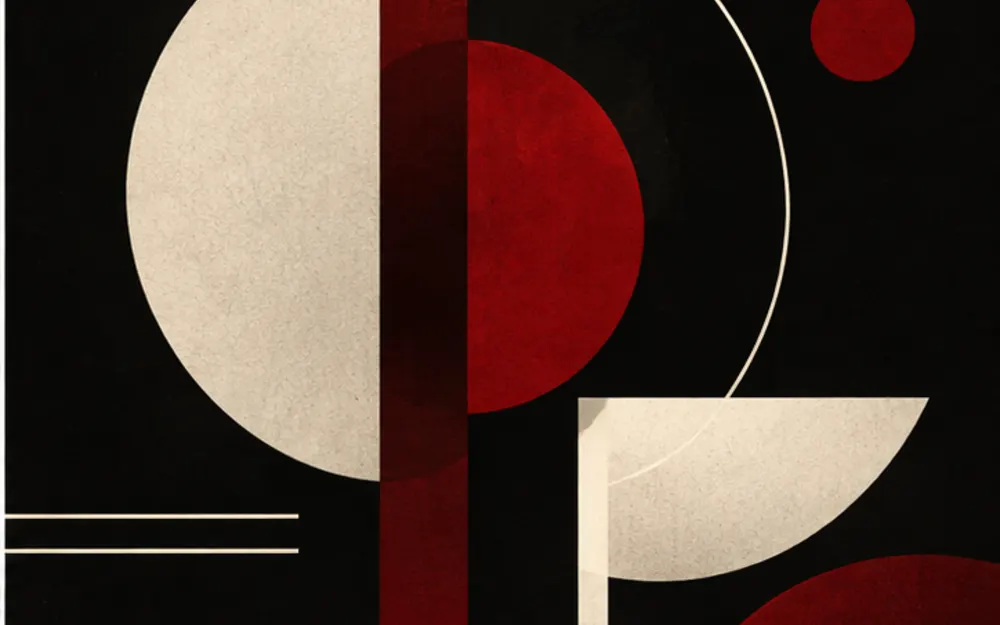 Composición geométrica de motion graphics en rojo, marfil y negro
