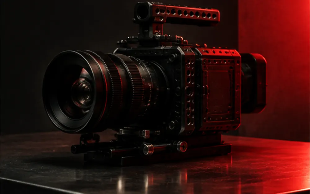 Cámara de cine iluminada con luz roja, imagen de muestra comercial